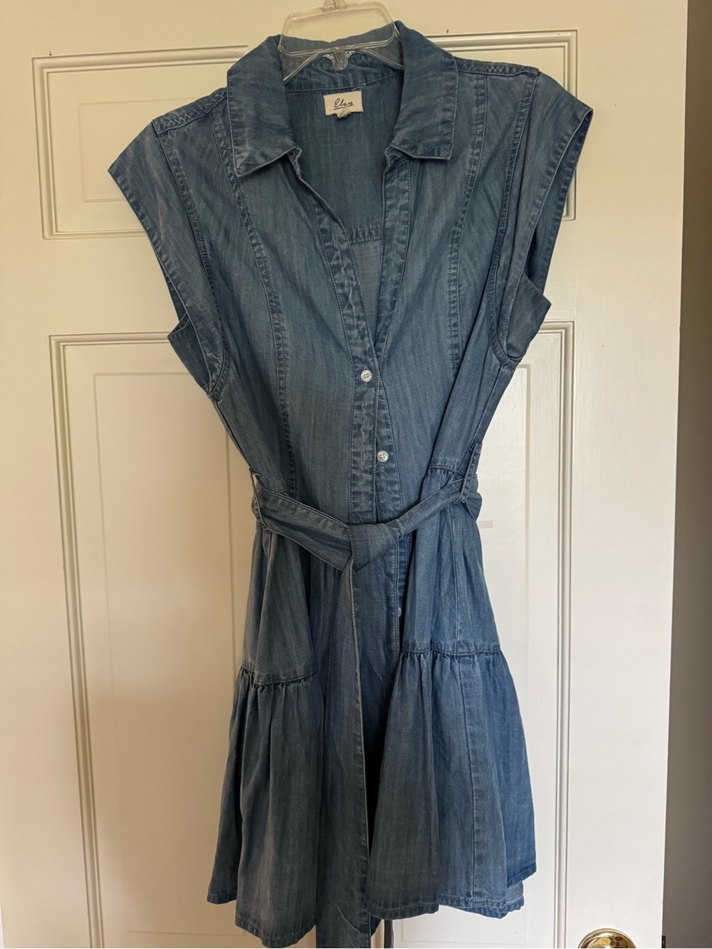 Elan Blue Denim Midi Shirt Dress with Tie Waist